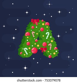 Alphabet vector in Christmas theme. Red and green uppercase letters. Christmas style font, Xmas typeface. Vector flat style illustration.