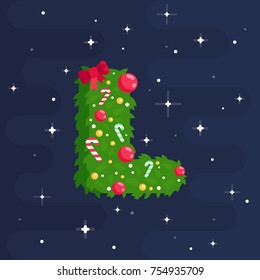 Alphabet vector in Christmas theme. Red and green uppercase letters. Christmas style font, Xmas typeface. Vector flat style illustration.