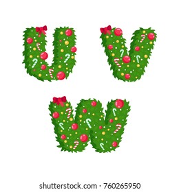 Alphabet vector in Christmas theme. Red and green uppercase letters. Christmas tree style font. Vector flat illustration.