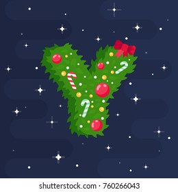Alphabet vector in Christmas theme. Red and green uppercase letters. Christmas tree style font. Vector flat illustration.