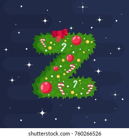 Alphabet vector in Christmas theme. Red and green uppercase letters. Christmas tree style font. Vector flat illustration.