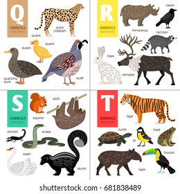 Alphabet vector design with cute animals: tiger, snake, hare, swan, skunk