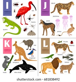 Alphabet vector design with cute animals: iguana, lion, kangaroo, koala, kiwi