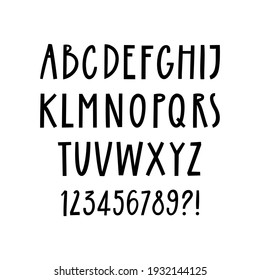Alphabet vector font. Letters and numbers isolated on white background. Hand drawn abc. Vector illustration