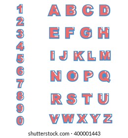 Alphabet Vector Font. Type letters, numbers and punctuation marks. Chiseled block letters on the blue background. Modern Minimal Alphabet jelly liquid. Latin alphabet from A to Z. 