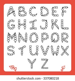 Alphabet vector. Letters of hearts, dots and leaves. Hand drawn ABC. Love alphabet isolated on white. Doodle decorative letters for postcards, invitation, design, posters