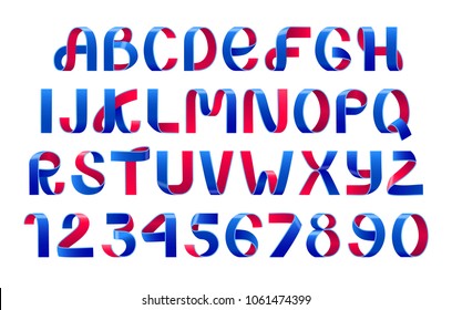 Alphabet Vector of paper folding.American color Ribbon script font. Vector of modern stylized paper font. Alphabet letters.3d set. Red and blue Elements design.Typography for flyers, headlines,posters