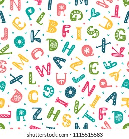 Alphabet Vector Seamless Pattern. Latin Alphabet Background. Hand Drawn Doodle Letters For Kids. Colorful Abc Vector Illustration. 