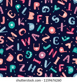 Alphabet Vector Seamless pattern. Latin alphabet background. Hand Drawn Doodle Letters for kids. Colorful Abc Vector Illustration.