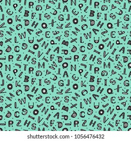 Alphabet Vector Seamless pattern in Scandinavian style. Latin alphabet background. Hand Drawn Doodle Letters for kids. Abc Vector Illustration