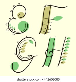 Alphabet Vector Set with green leaves. Letters "E", "F", "G", "H"