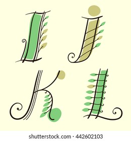 Alphabet Vector Set with green leaves. Letters "I", "J", "K", "L"