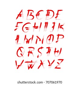 Alphabet vector set of red capital handwritten letters. Handwritten italic font of semi-dry brush smears in horror style.