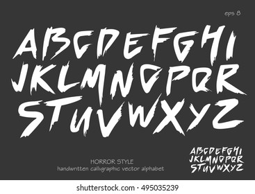 Alphabet vector set of white capital handwritten letters on black background. Handwritten italic font with brush strokes in horror style.