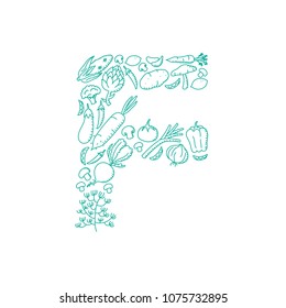 Alphabet Vegetable pattern set letter F illustration kids hand drawing concept design green color, isolated on white background, vector eps 10