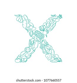 Alphabet Vegetable pattern set letter X illustration kids hand drawing concept design green color, isolated on white background, vector eps 10