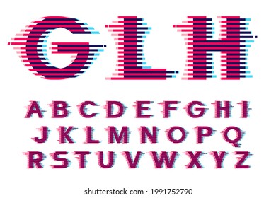 Alphabet with vibrant line glitch effect. Vector font perfect to use in your nightlife labels, expressive game screen, electronic identity.