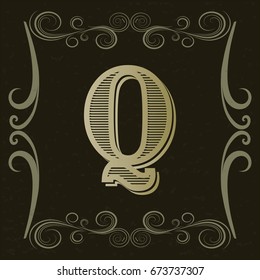 alphabet vintage font and floral label design named q