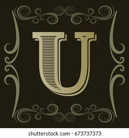 alphabet vintage font and floral label design named u