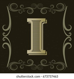 alphabet vintage font and floral label design named i