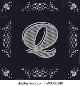 alphabet vintage font and monogram  floral lettering label design named q