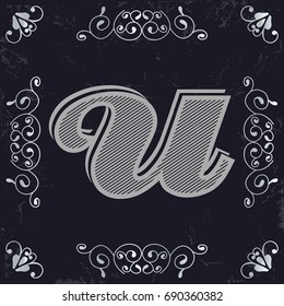 alphabet vintage font and monogram  floral lettering label design named u