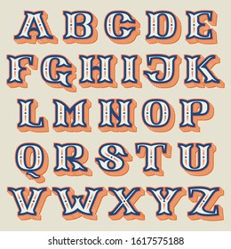 Alphabet in vintage western style with striped shadow. Vector font for barber shop labels, sport posters, jewelry cards etc.