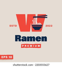 Alphabet w with chopsticks and noodles icon logo, suitable for logos restaurant