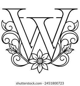 Alphabet W coloring page with the flower, W letter digital outline floral coloring page, ABC coloring page