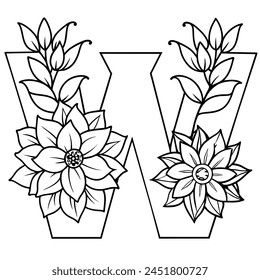 Alphabet W coloring page with the flower, W letter digital outline floral coloring page, ABC coloring page