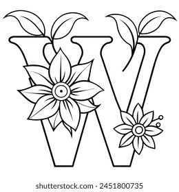 Alphabet W coloring page with the flower, W letter digital outline floral coloring page, ABC coloring page