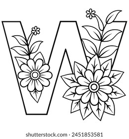 Alphabet W coloring page with the flower, W letter digital outline floral coloring page, ABC coloring page

