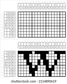 Alfabeto W Arte De Píxel De Nonograma Inferior, Carácter W, Letra Lingüística Símbolo Ilustración De Arte Vector, Gridddlers De Juego De Rompecabezas Lógico, Pic-A-Pix, Dibujo De Imágenes Por Números, Picross