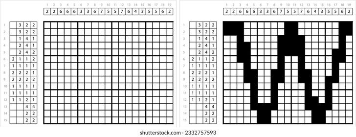 Alphabet w Lowercase Nonogram Pixel Art, Character w, Language Letter Graphemes Symbol Vector Art Illustration, Logic Puzzle Game Griddlers, Pic-A-Pix, Picture Paint By Numbers, Picross