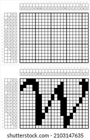 Alphabet W Nonogram Pixel Art, Character W, Language Letter Graphemes Symbol Vector Art Illustration, Logic Puzzle Game Griddlers, Pic-A-Pix, Picture Paint By Numbers, Picross