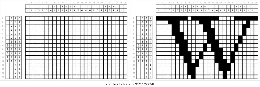 Alphabet W Nonogram Pixel Art, Character W, Language Letter Graphemes Symbol Vektorgrafik Illustration, Logic Puzzle Game Griddlern, Pic-A-Pix, Bild Paint by Numbers, Picross