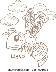 Alphabet W For Wasp Vocabulary School Lesson Cartoon Coloring for Kids and Adult Activity