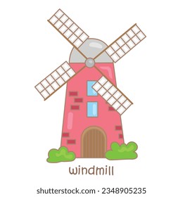 Alphabet W Para Vocabulario De Windmill Lección De Lección De Caricatura Vector De Ilustración Clipart Sticker