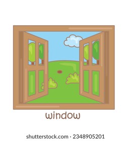 Alphabet W For Window Vocabulary School Lesson Cartoon Illustration Vector Clipart Sticker