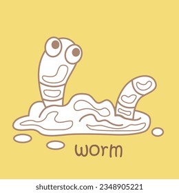 Alphabet W For Worm Vocabulary School Lesson Cartoon Digital Stamp Outline