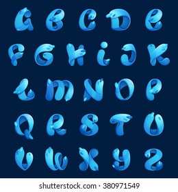 Alphabet with water waves and drops. Font style, vector design template elements for your ecology application or corporate identity.