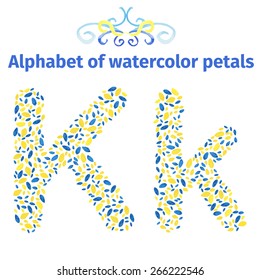 Alphabet of watercolor petals. Vector illustration.Letters for invitations. save the date cards and other design.