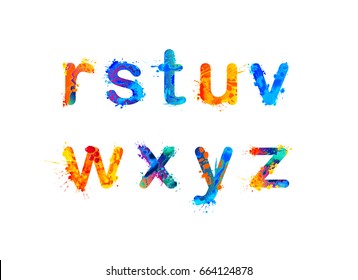 Alphabet of watercolor splash paint. Letters r, s, t, u, v, w, x, y and z. 