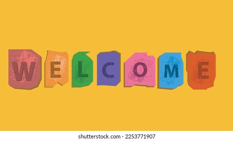 alphabet "welcome" on paper cut style shape diferent collor. cute design collorfull text typography paper cut isolated on yellow background