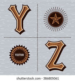 Alphabet western letters vintage design vector (y, z)