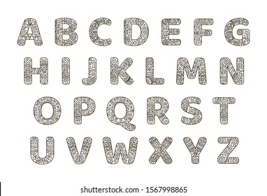 Alphabet with white letters with black doodle patterns in hand drawing style isolated on white background. Coloring and illustration vector in lines for inscriptions, naming, alphabet for children.