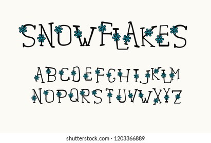 Alphabet winter design. Hand pen serif font, line style. English language letters. Typeface clip art, vector illustration. Hand drawn. EPS 10