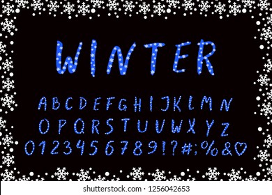 Alphabet winter design with snowflakes. Hand brush font, lettering style. Uppercase letters, numbers and punctuation marks. Multilayered EPS 10