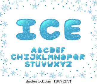 Alphabet winter design. Typeface clip art, ice style. English letters. Font vector typography. Hand drawn. EPS 10