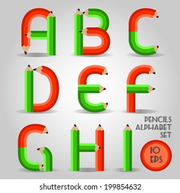 Alphabet in wooden bold red green pencil style. Part I